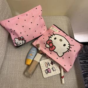 핑크 연인 화장품 가방 귀여운 키티 고양이 휴대용 캔버스 여행 잡화 보관 가방 대형 동전 지갑