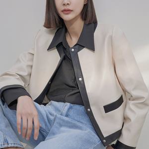 [나인] [최초가:129000원] 배색 콤비 숏 레더 자켓(JK-2634)