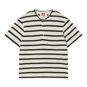 [최초가 79,000원] [COLLECTION LINE] 럭스 코튼 스트라이프 헨리넥 반팔 니트 블랙