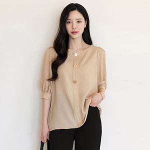(~XXL까지) 호단 골드버튼 퍼프소매 블라우스 봄 가을 7부 오피스룩 데일리 일상 캐쥬얼 출근룩 빅사이즈