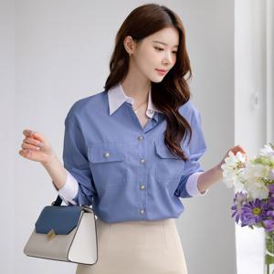 (~XXL까지) 이소리아 스트라이프 포켓 블라우스 가을 데일리 일상 모임룩 출근룩 베이직 빅사이즈