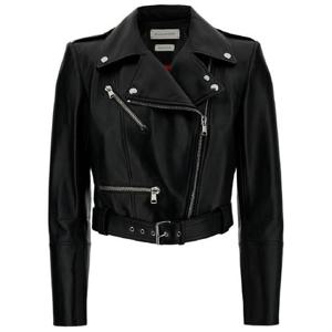 ALEXANDER MCQUEEN 부드러운 가죽 소재의 블랙 크롭 바이커 재킷과 어울리는 벨트 여성 668451Q5AK81000