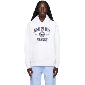 AMI Paris 후드 화이트 아미 드 꾀흐 파리 후디 231482F097023