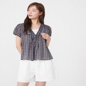 플라스틱아일랜드  (PR2WB733) 레이스 이너 레이어드 체크 블라우스