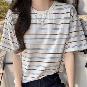 여성 루즈핏 단가라 스트라이프 빅 반팔 티셔츠