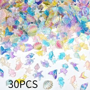 TEMU 30개 레진 오션 장식 세트 - 별모양, 조개, 해파리 & 물고기 꼬리 믹스 네일 아트, 폰케이스 DIY 공예용 - 파스텔 컬러 반짝이는 핸드메이드 액세서리, 바다 테마 데코, 드리미 에스테틱, 투명한 질감
