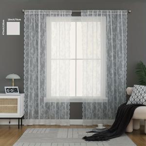 TEMU 2pcs 우아한 꽃무늬 레이스 시어 커튼 - 로드 포켓 디자인, 폴리에스터 원단, 조명 필터링, 기계 세탁 가능, 침실 및 거실 장식용 커튼, 거실용 커튼