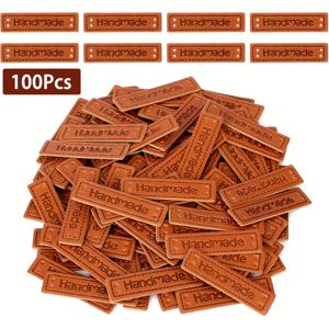 TEMU 100개 세트 우아한 수제 손바느질 라벨 - 커피 브라운 크래프트 태그, 뜨개질, 코사지, 주얼리, 비누용 DIY 공예품 정리함, 핸드메이드 제품 및 액세서리용, 엠보싱 텍스트 스타일 PU 가죽 태그, 내구성 있는 패브릭 태그