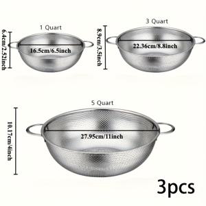 TEMU 3pcs 스테인레스 스틸 스트레이너 바스켓 핸들 - 내구성 있는 금속 주방 스펀지, 파스타, 버섯, 야채, 곡물 및 과일 - 쌓을 수 있는 배수 필수품, 식품 접촉 안전, 파스타 스트레이너, 식품 준비, 효율적인 필터링, 강건한 구조, 가정 요리사