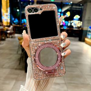 TEMU Opulent Bling Rhinestone 코팅된 Glitter Mirror 자석 스탠드 폰 케이스 for galaxy Z Flip 6 5 4 3 Zflip 7 5G 드롭-저항성 보호 커버|폰케이스