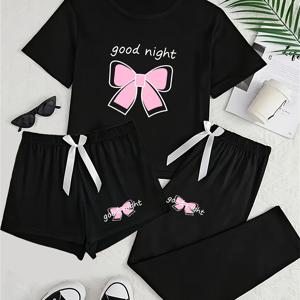 TEMU 3피스 청소년 파자마 세트 - 귀여운 나비 & 글자 프린트, 부드러운 회색 반팔 티셔츠 & 반바지, 봄/여름/가을용 편안하고 포근한 잠옷, 청소년 파자마, 계절별 잠옷, 재미있는 디자인, 부드러운 원단, 청소년용