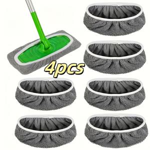 TEMU 4pcs 재사용 가능한 걸레 패드: 세탁 가능, 내구성, 높은 흡수력, 건조 및 습식 청소에 적합, 회색 폴리에스터와 흰색 테두리 라운드 디자인, 효율적인 바닥 관리 도구 | 세부 표면 | 높은 흡수력 소재