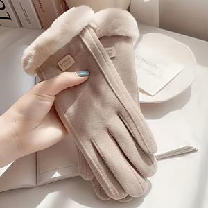 TEMU 편안한 플러시 안감 여성용 겨울 장갑, 글자 패치 포함 - 따뜻하고 방풍, 터치스크린 호환, 사이클링 및 야외 활동용