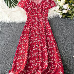 TEMU 여성용 우아한 꽃무늬 A라인 드레스 - 반팔, 크루넥, 가벼운 폴리에스터, 봄/여름/가을에 완벽한 꽃무늬 드레스