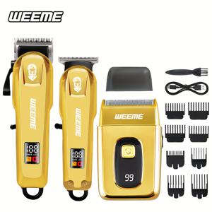 TEMU WEEME 3pcs/2pcs 그루밍 세트 골든 전기 헤어 클리퍼 + 제로 갭 트리머 + 로터리 면도기 USB 고속 충전 & LCD 파워 디스플레이 초저소음 & 부드러운 홈/여행용 올인원 남성(아빠/남편/남자친구) 완벽한 선물 바버급 도구