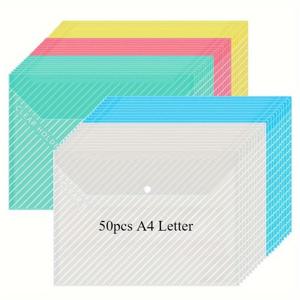 TEMU 50개 투명 화이트 + 컬러 A4 사이즈 플라스틱 버튼 문서 파우치, 플라스틱 파일 폴더, 홈워크 오피스 정리용, 그림 보관, 문서 봉투