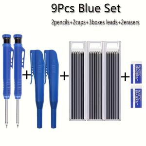 TEMU 9개/세트 2.8mm 목공 마킹 연필 내장형 연필깎이 포함 블랙/더블 컬러 심호리마킹 펜슬, 목수 건축가용 프로페셔널 필기 도구 (연필 2개+캡 2개+심 3개+지우개 2개)