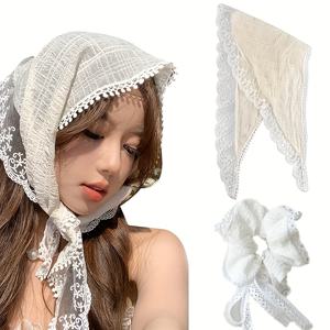 TEMU 2pcs 꽃무늬 레이스 삼각형 스카프 세트 - 가벼우며 통기성이 좋은 흰색, 세련된 레이스 트림 및 러플 디자인, 세련된 헤어 액세서리 또는 넥웨어에 이상적, 헤어 액세서리 세트|빈티지 꽃무늬 스타일|직조 텍스처