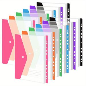 TEMU 12pcs 플라스틱 봉투 바인더 포켓 11홀 확장형 바인더 폴더 2/3/4 링 문서 파우치 스냅 버튼 및 라벨 루즈리프 투명 학교 사무실 가정 비즈니스용 (측면 개방형)