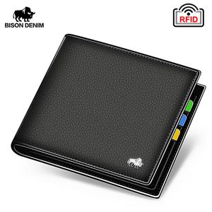 TEMU BISON DENIM 남성용 진정한 가죽 Bifold 지갑, 지퍼 동전 지갑 및 비즈니스 카드 홀더, 블랙 색상, 일상적인 사용을 위한 RFID 차단, RFID 차단 지갑 | 지갑 | 내구성 있는 가죽 지갑, 지갑|명함지갑