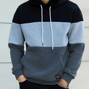 TEMU 남성용 컬러 블록 후드티, 드롭 숄더 슬리브 및 캥거루 포켓 - 가을/겨울용 캐주얼 스포티 롱 슬리브 스웨트셔츠, 루즈핏, 블랙/화이트/그레이, 야외 레저 의류 | 스포티 캐주얼 후드티 | 내구성 있는 캐주얼 의류