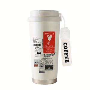 TEMU 530ml 콜라주 패턴 & 빈티지 우표 디자인 보온 텀블러 - 이중벽 진공 단열 및 누수 방지 뚜껑, 여행용 스트랩 포함, 커피 텀블러 (핫/콜드 음료), 사무실, 캠핑, 야외 필수품 (화이트 & 브라운) - 발렌타인데이, 어머니날, 라마단, 추수감사절, 스승의 날 선물 추천