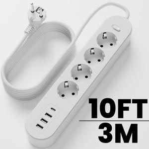 TEMU Safroar EU 플러그 전원 공급기 4.6m//1.5m 연장 케이블 멀티프라이스 4AC 출려 3 USB & 1 Type-C 충전, 6 AC 출려, 전류 보호, 220-240V, 유럽 플러그 (Type C), 가정, 사무실, 여행, 컴퓨터, 흰색/검은색, 직사각형, 스위치, USB 슬롯, 가정 충전, 현대적인 디자인, 고성능 전자 장치