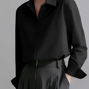 TEMU 여성용 긴팔 셔츠 - 단색, 폴리에스터, 기본 스타일, 짠, 비늘, 뾰족한 칼라, 오픈 프런트 - 모든 계절에 다재다능