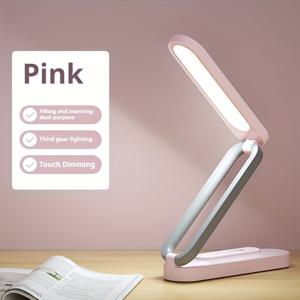 TEMU LED 눈 보호 데스크 램프, 3가지 밝기 조절 가능한 LED 야간 조명, 배터리/USB 듀얼 전원 공급, 접이식 휴대용 소형 데스크 램프, 독서용 무선 독서 조명, 기숙사 학습, 침실, 가정 및 사무실 사용에 적합 - 핑크