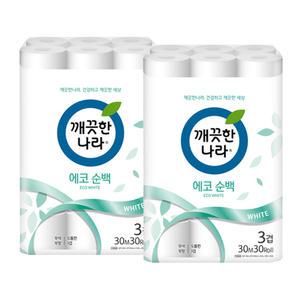 깨끗한나라 에코 순백 3겹 30m 30롤 2팩 화장지 두루마리 롤 휴지
