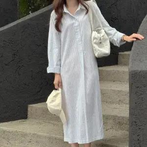 버뮤다 비조 디테일 스트라이프 롱 원피스(긴팔ver.) 봄 여성 긴팔원피스 롱스커트 데이트룩 데일리룩