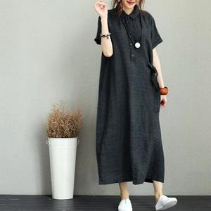 린넨 카라 반팔 롱 원피스 여름 루즈핏 빅사이즈 퍼프소매 여성 돌잔치룩