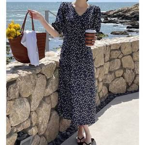 [디작소]데일리 여성 롱 원피스 드레스 하객 첼로 플라워 반팔