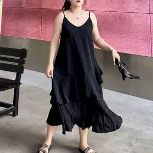 빅사이즈 2단 캉캉 어깨끈 민소매 롱원피스