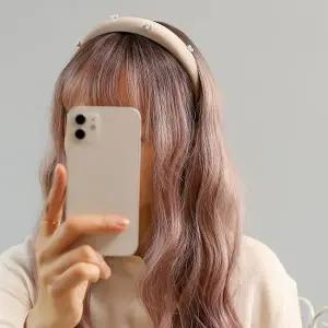 (엔젤슈슈) 새틴 진주 볼륨 헤어밴드 베이지 머리띠