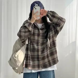 y2k 스트릿 후드 체크 남방 3컬러 루즈핏 간절기 가을남방 체크셔츠 후드남방 학생셔