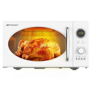 1,000W 그릴 기능이 있는 에머슨 MWRG0901W 레트로 전자레인지 800W 요리, LED 디스플레이, 5가지 파워 레벨, 8가지 오토 메뉴, 유리 턴테이블, 차일드 락, 0.9Cu. Ft, 화이트 조리대 디자인