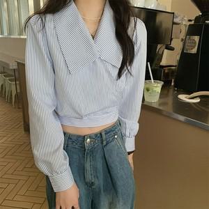 사선랩 스트라이프 크롭 리본 블라우스