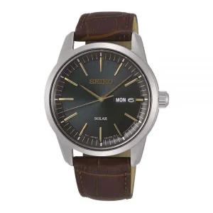 Seiko 남성용 아날로그 태양열 시계, 가죽 스트랩 SNE529P1, 실버, L, 스트랩,