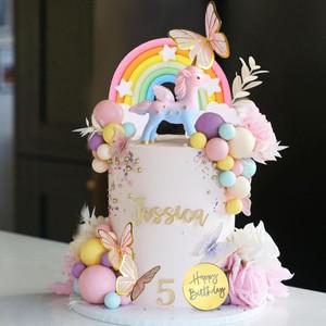 유니콘 케이크 토퍼 무지개 장식 나비 공 생일 축하