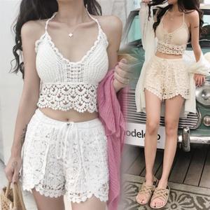 여자 바캉스 짜임 뷔스티에 레이스탑 숏팬츠 세트