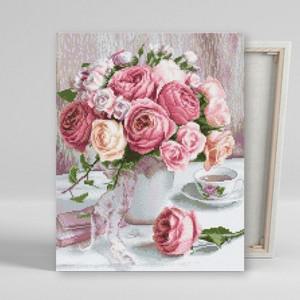 DIY 보석십자수 파스텔 장미화병 40x50 캔버스 비즈 트레이판 고체풀 펜 세트