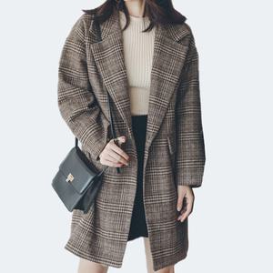 테일러드카라 여자 봄가을 체크패턴 원버튼 긴팔마이 모직 하프자켓코트 세미정장 블랙 브라운