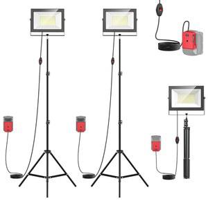 밀워키 배터리와 호환되는 스탠드가 있는 LIVOWALNY 200W LED 작업 조명, 13FT 코드가 2PCS 20000LM 휴대용 타워 조명 IP66 방수, 작업장 차고 작업장용 접이식 삼각대 투광등