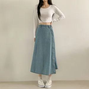 [문에이블]문에이블 여자 여성 여름 밴딩 옆단추 연청 A라인 데님 랩 홀스커트 롱 청치마