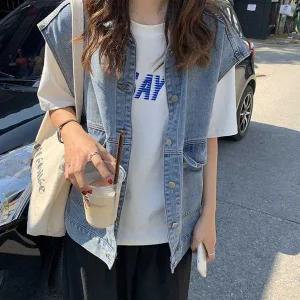 대학생 봄 캠퍼스 룩 나들이 청 데님 베스트 조끼