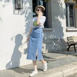 여자 패션 다리 길이보이는 앞트임스커트 롱데님 청치마 앞절개 A라인 워싱 연청