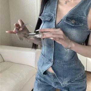 슬림 스키니핏 워싱 데님 베스트 조끼