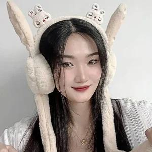 움직이는 토끼 베이지 귀마개 쫑긋 겨울 털 방한 왕 방한 겨울 털 니트귀도리 왕