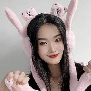 곰돌이 쫑긋 귀마개 핑크 움직이는 방한 겨울 귀마개 방한 겨울 털 니트귀도리 왕